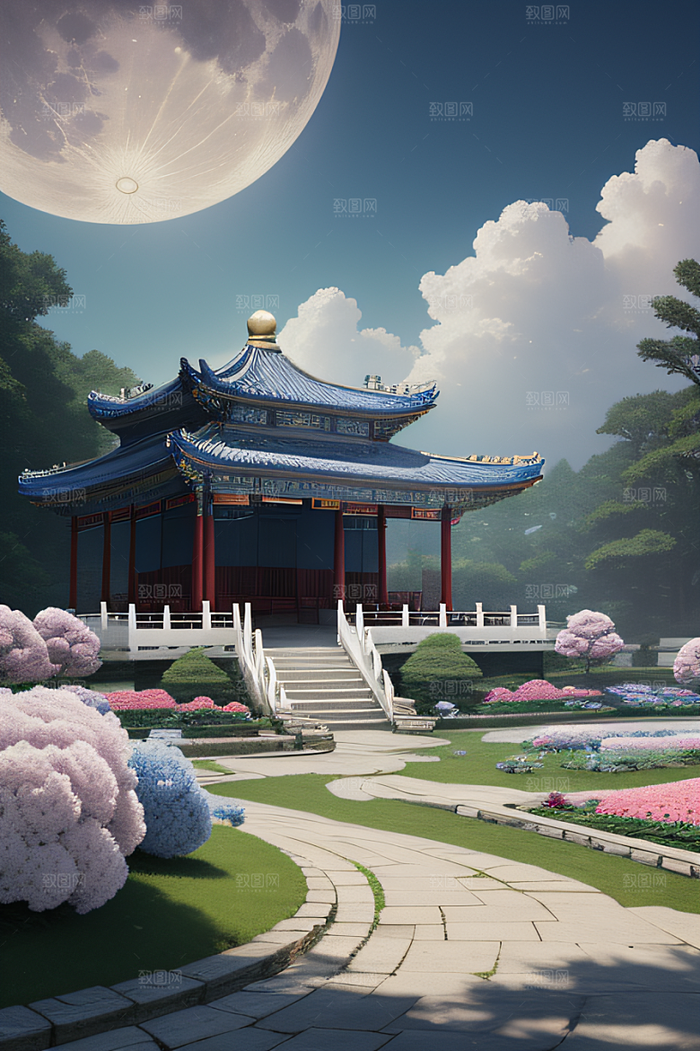 仙境之梦云中古亭蓝白牡丹与圆月