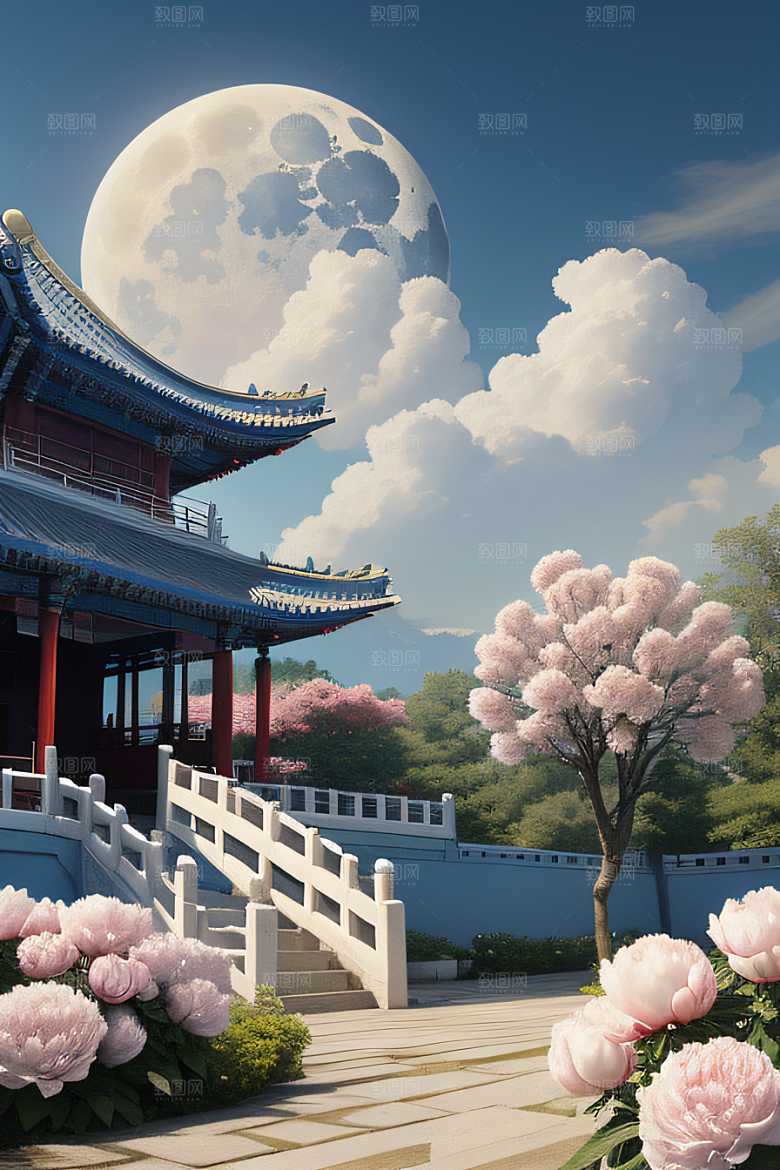 仙境之梦云中古亭蓝白牡丹与圆月