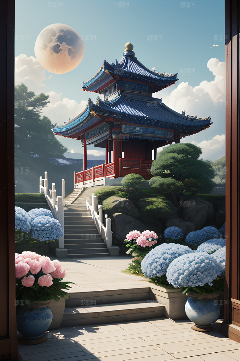 梦幻渲染作品云中古亭蓝白牡丹与圆月