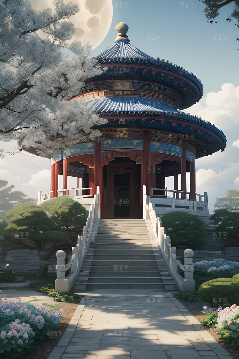 梦幻渲染作品云中古亭蓝白牡丹与圆月