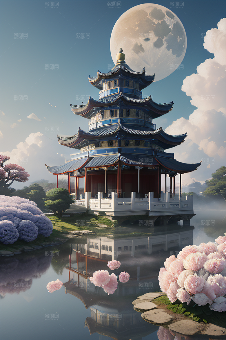 梦幻渲染作品云中古亭蓝白牡丹与圆月