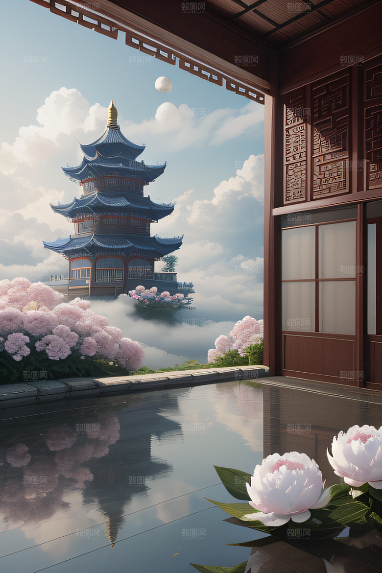 梦幻渲染作品云中古亭蓝白牡丹与圆月