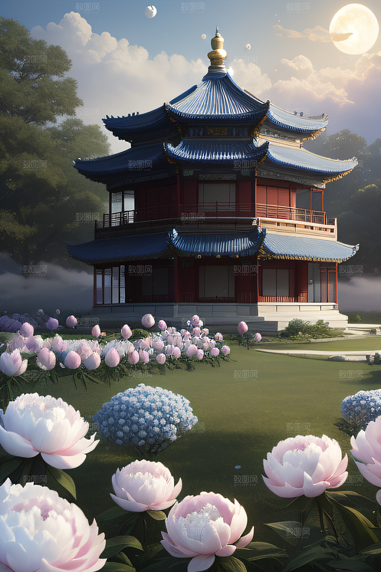 梦幻渲染作品云中古亭蓝白牡丹与圆月