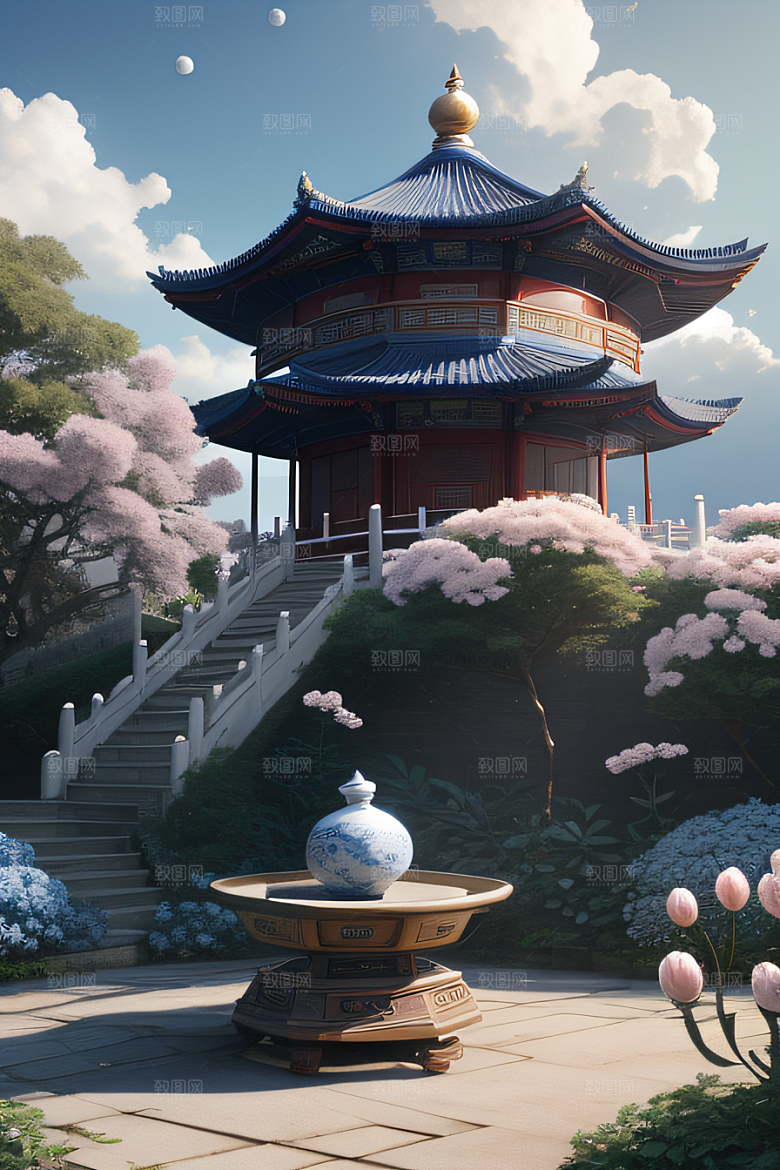 梦幻渲染作品云中古亭蓝白牡丹与圆月