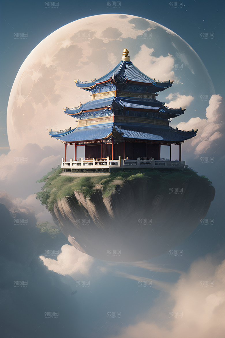 梦幻渲染作品云中古亭蓝白牡丹与圆月