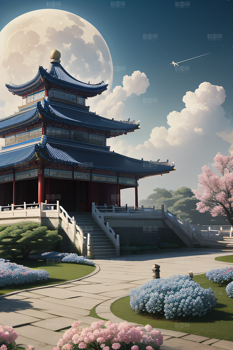 梦幻渲染作品云中古亭蓝白牡丹与圆月