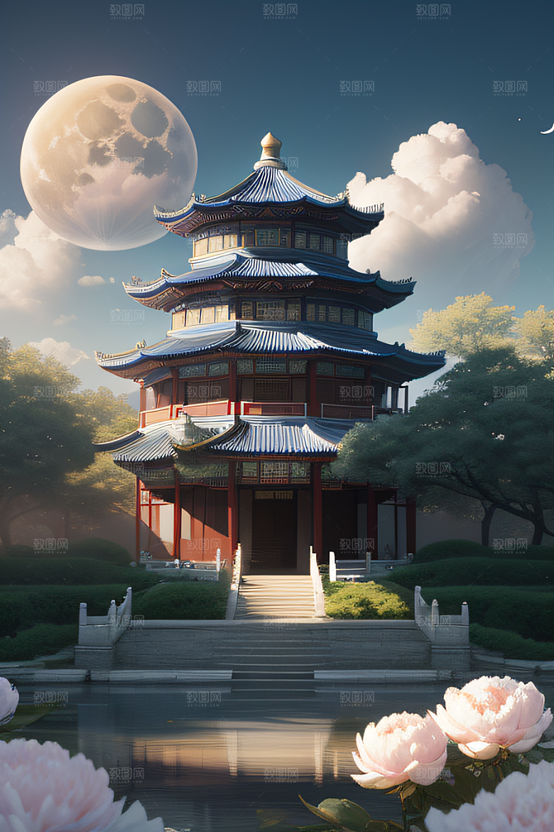 梦幻渲染作品云中古亭蓝白牡丹与圆月