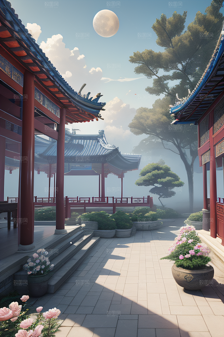 梦幻渲染作品云中古亭蓝白牡丹与圆月
