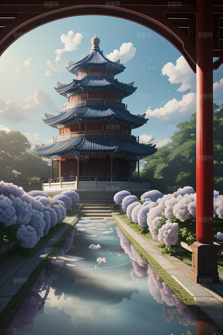 梦幻渲染作品云中古亭蓝白牡丹与圆月