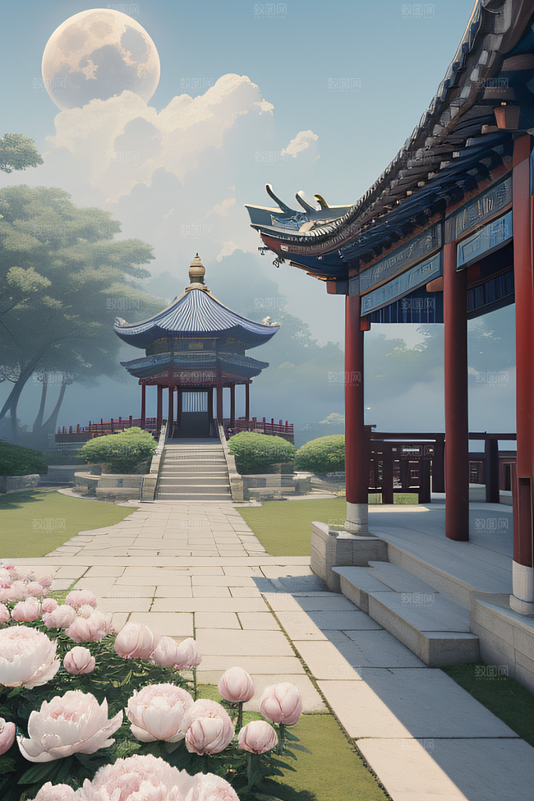 梦幻渲染作品云中古亭蓝白牡丹与圆月