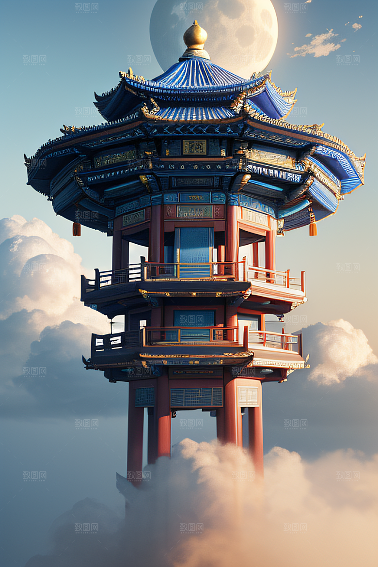 梦幻渲染作品云中古亭蓝白牡丹与圆月