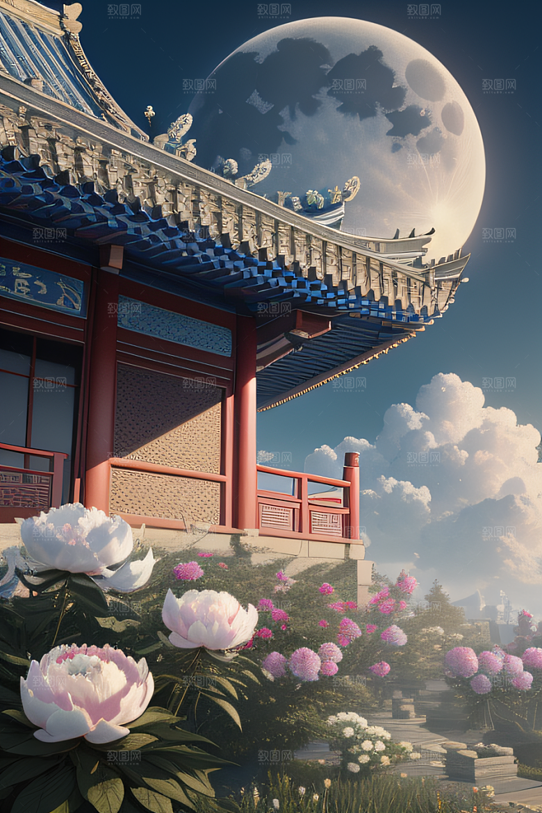 梦幻渲染作品云中古亭蓝白牡丹与圆月