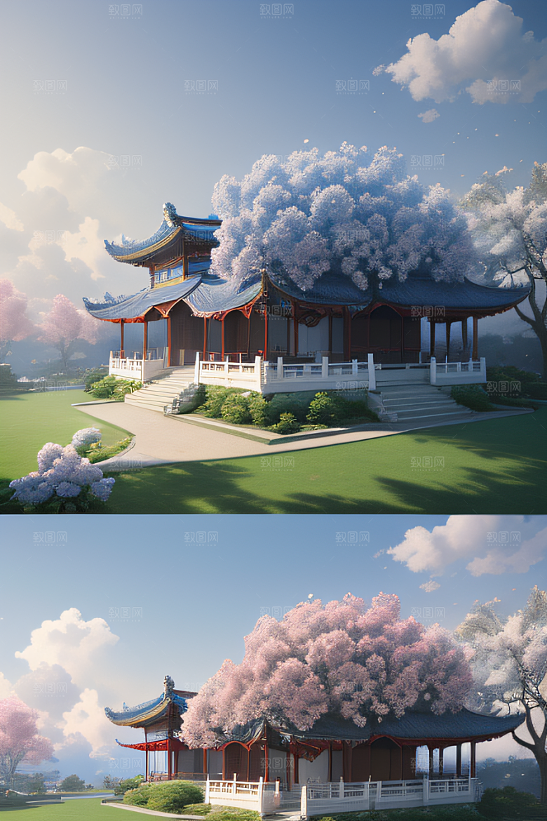 梦幻渲染作品云中古亭蓝白牡丹与圆月
