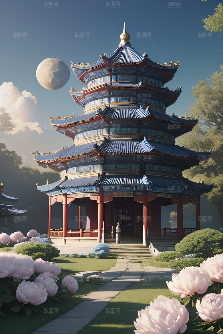 梦幻渲染作品云中古亭蓝白牡丹与圆月