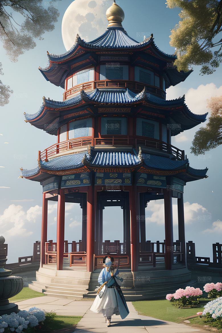 梦幻渲染作品云中古亭蓝白牡丹与圆月