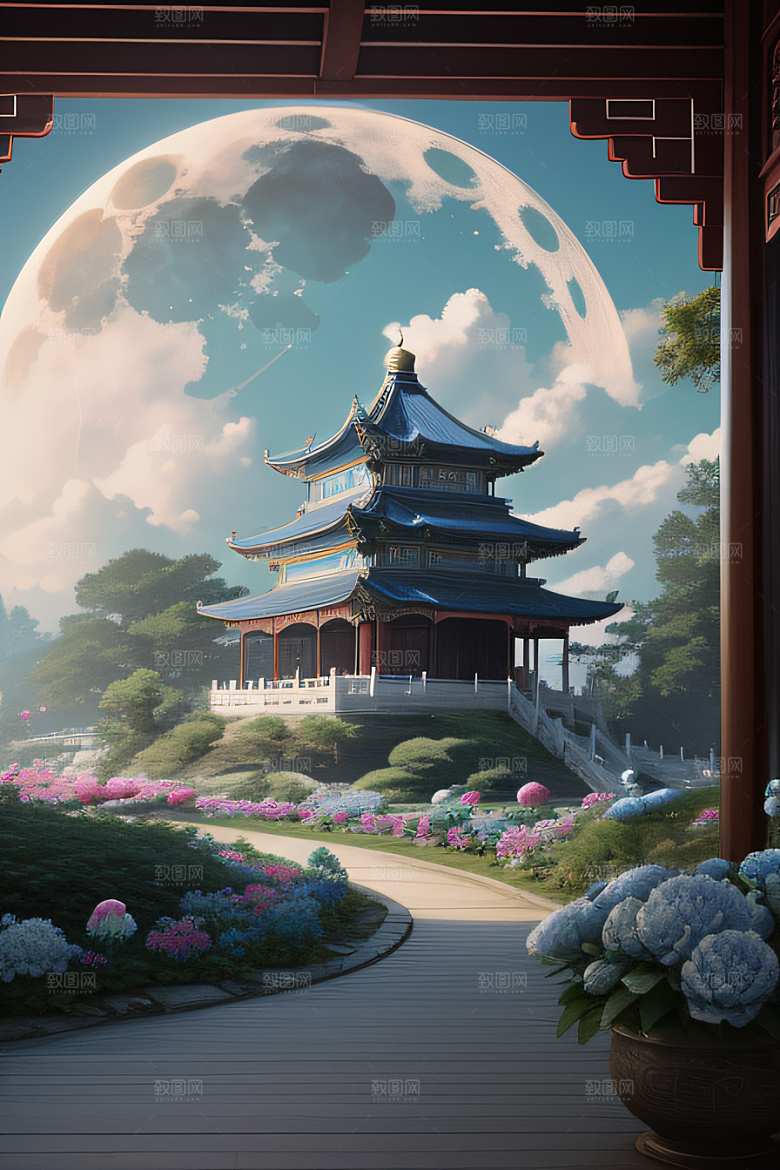 梦幻渲染作品云中古亭蓝白牡丹与圆月