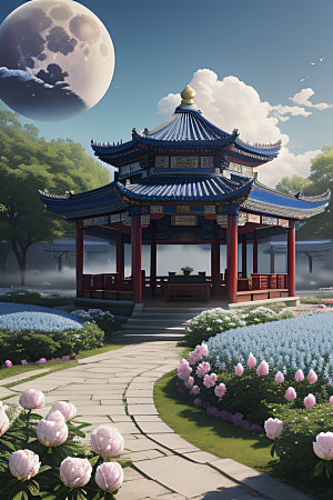 梦幻世界中的中国古亭蓝白牡丹与圆月
