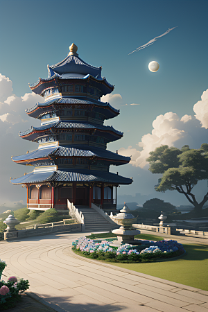 梦幻世界中的中国古亭蓝白牡丹与圆月