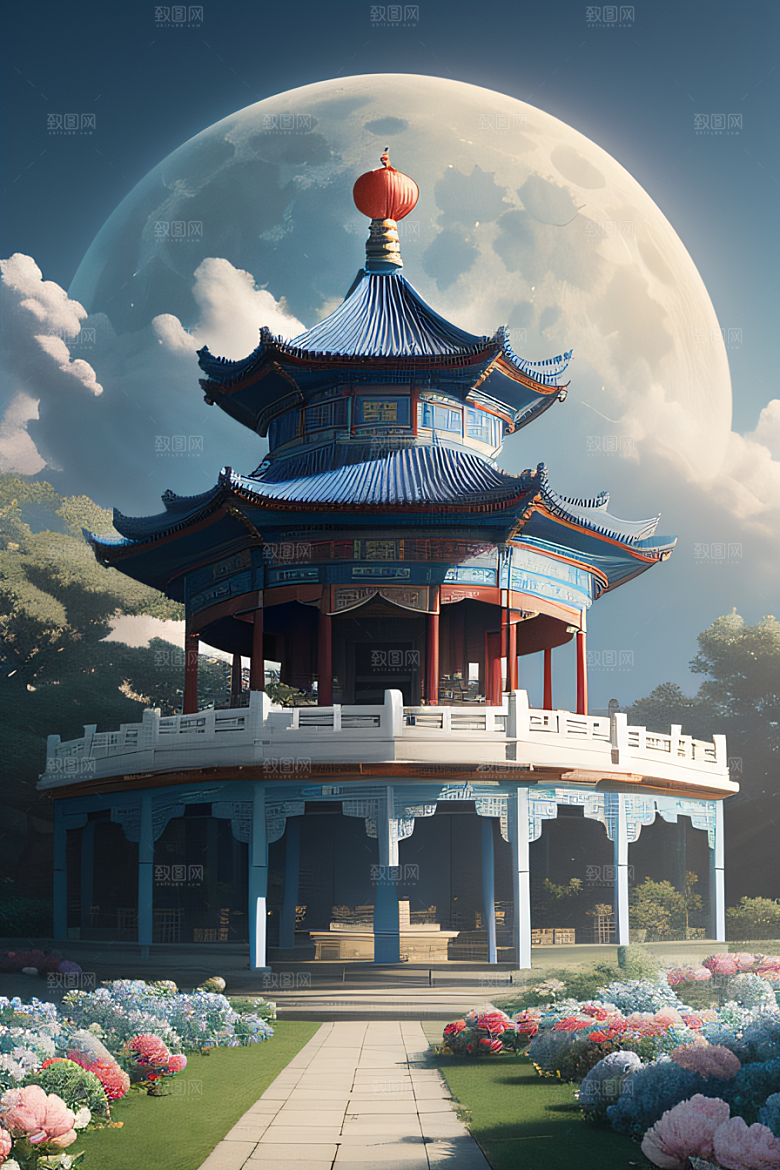 梦幻世界中的中国古亭蓝白牡丹与圆月