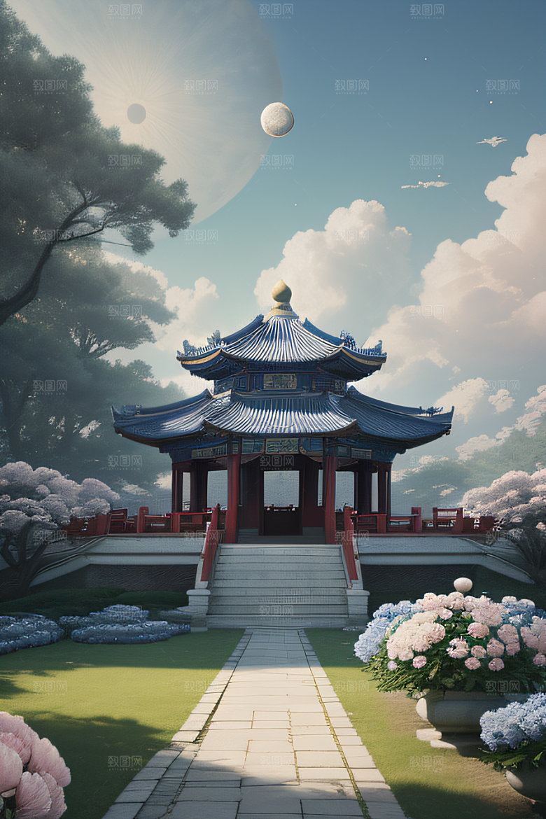 梦幻世界中的中国古亭蓝白牡丹与圆月