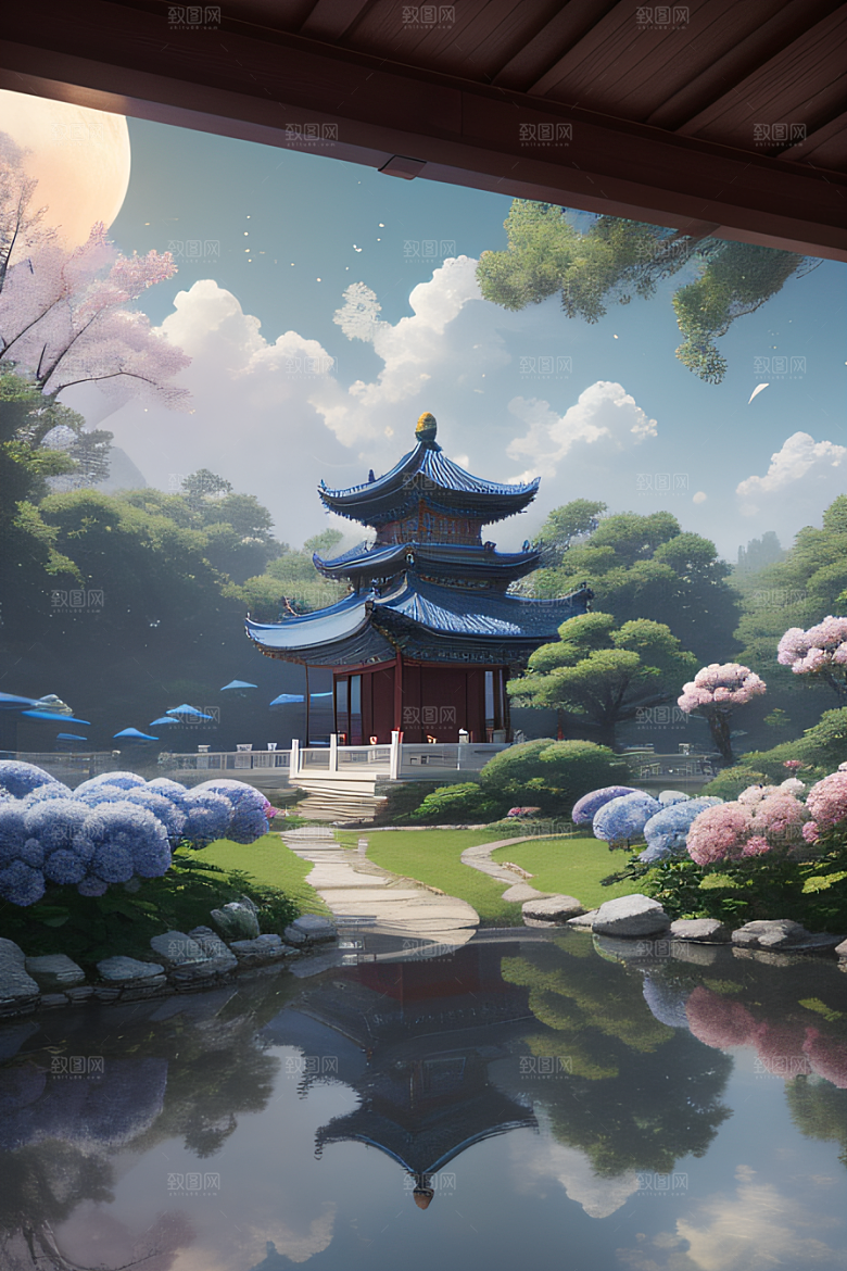梦幻世界中的中国古亭蓝白牡丹与圆月