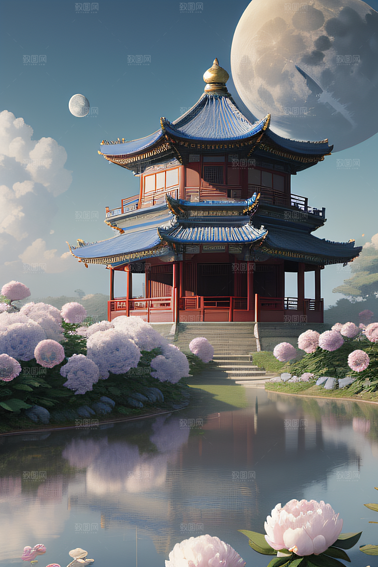 梦幻世界中的中国古亭蓝白牡丹与圆月