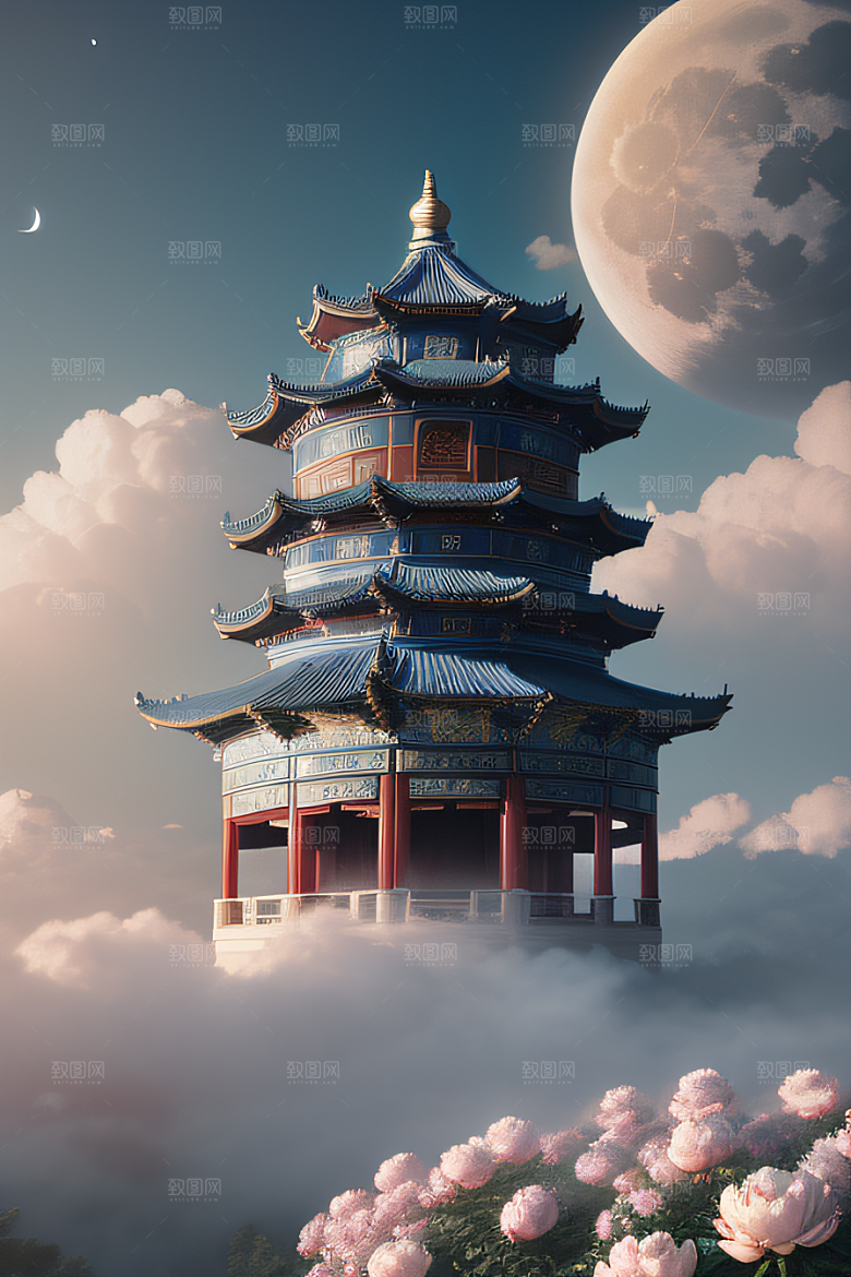 梦幻世界中的中国古亭蓝白牡丹与圆月