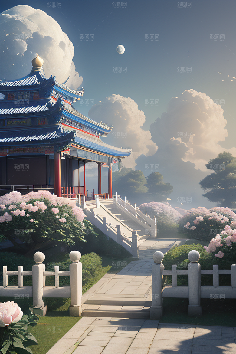 梦幻世界中的中国古亭蓝白牡丹与圆月