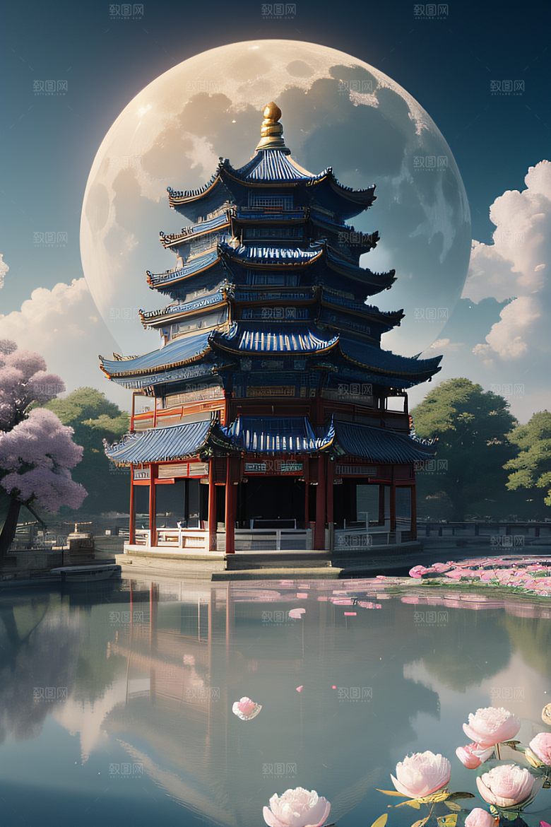 梦幻世界中的中国古亭蓝白牡丹与圆月