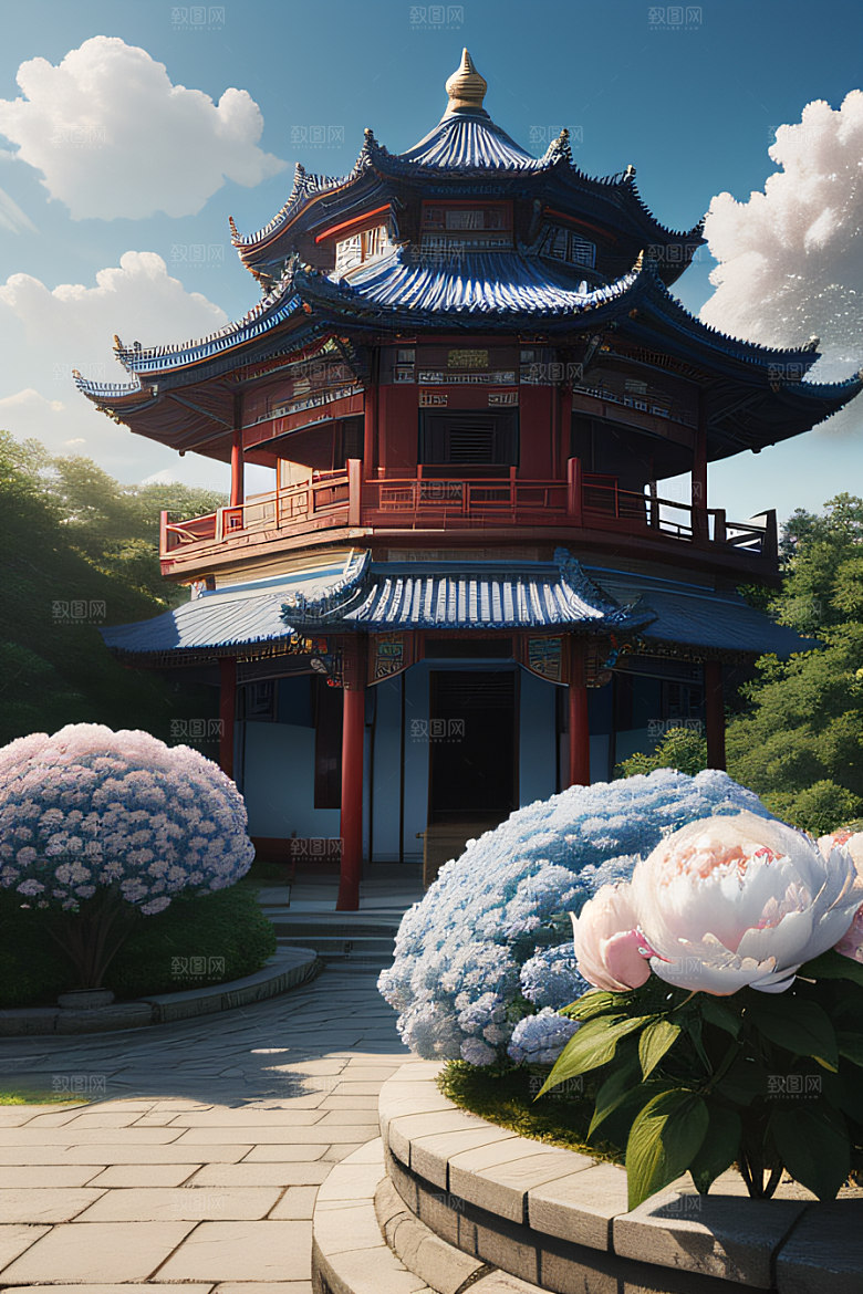 梦幻世界中的中国古亭蓝白牡丹与圆月