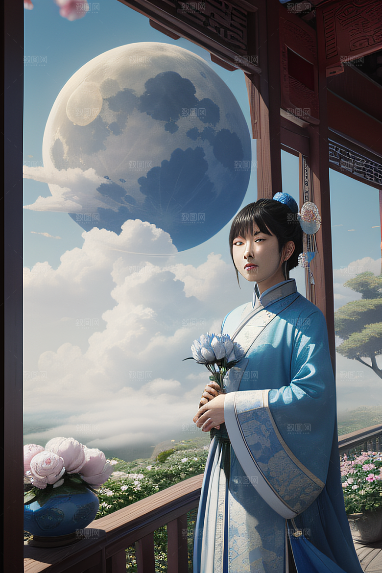 梦幻世界中的中国古亭蓝白牡丹与圆月