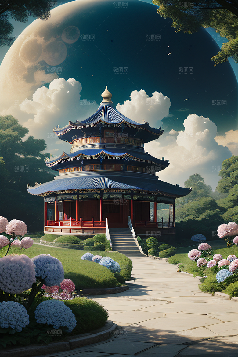 梦幻世界中的中国古亭蓝白牡丹与圆月