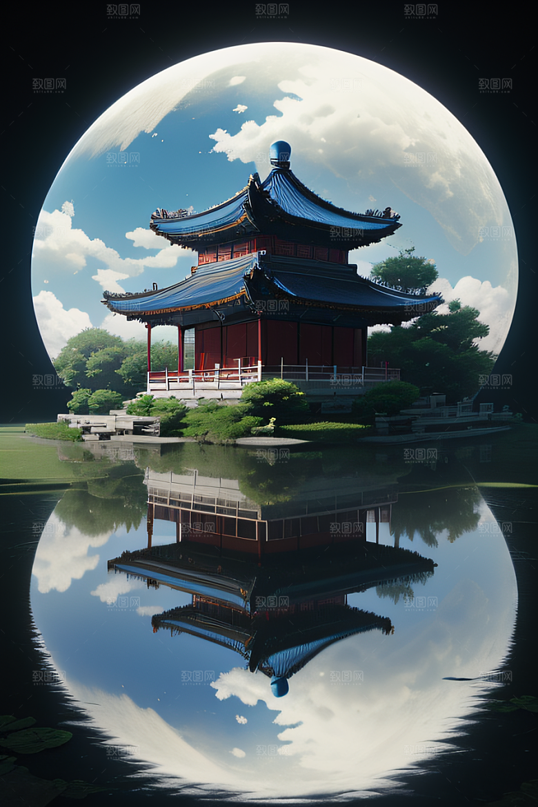 梦幻世界中的中国古亭蓝白牡丹与圆月