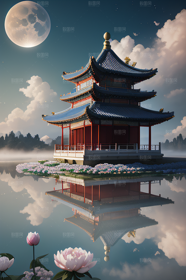 中国古亭下的梦幻云彩蓝白牡丹与圆月