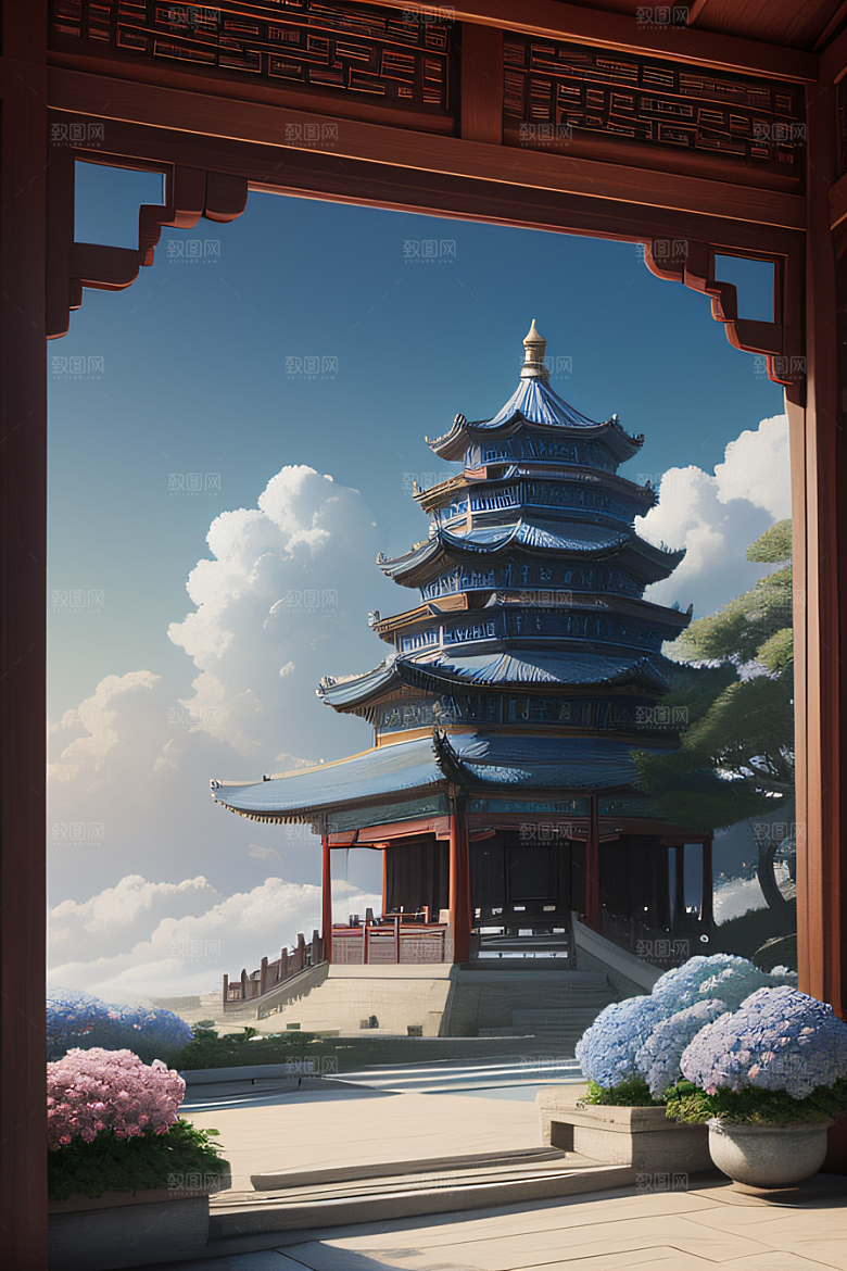 中国古亭下的梦幻云彩蓝白牡丹与圆月