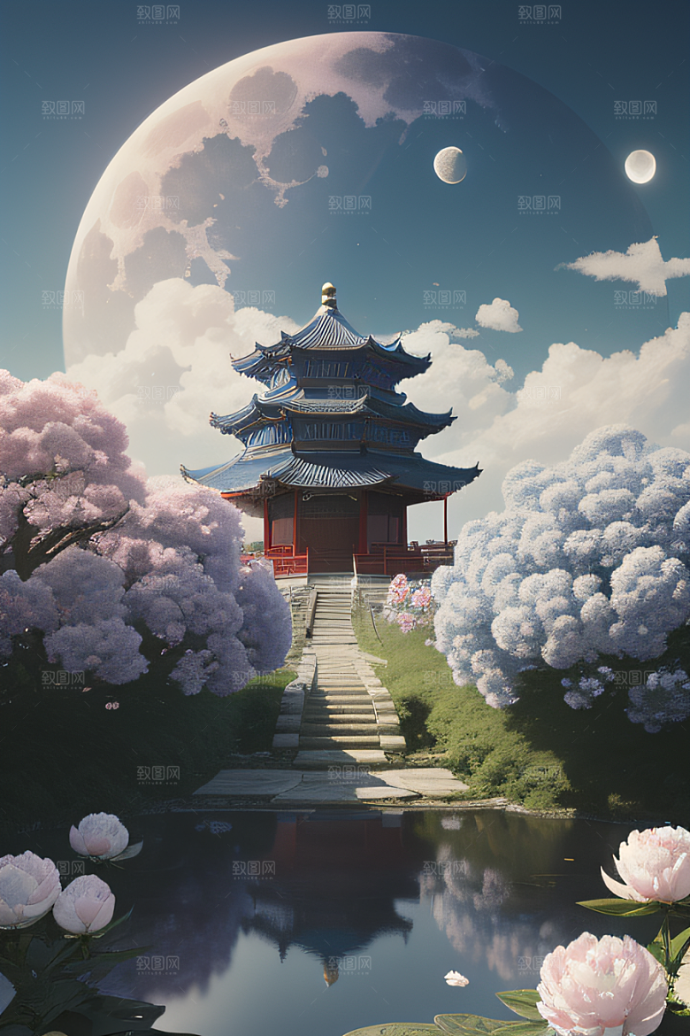 中国古亭下的梦幻云彩蓝白牡丹与圆月