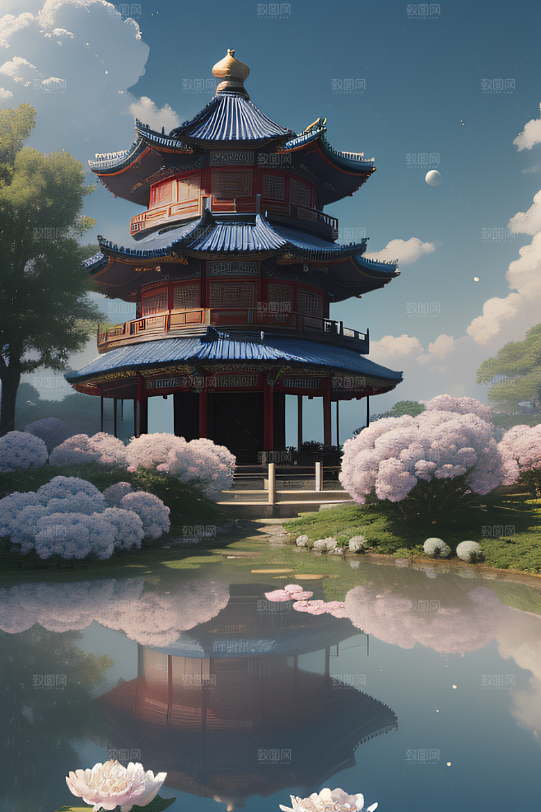 中国古亭下的梦幻云彩蓝白牡丹与圆月