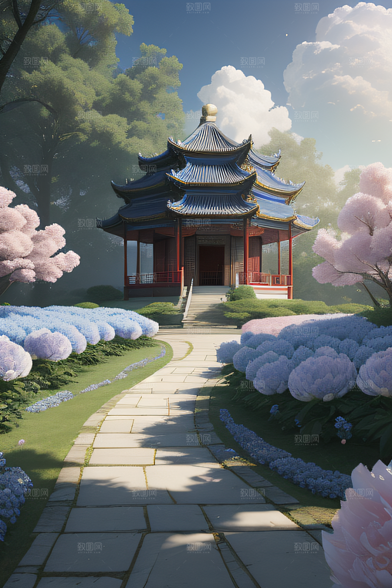 中国古亭下的梦幻云彩蓝白牡丹与圆月