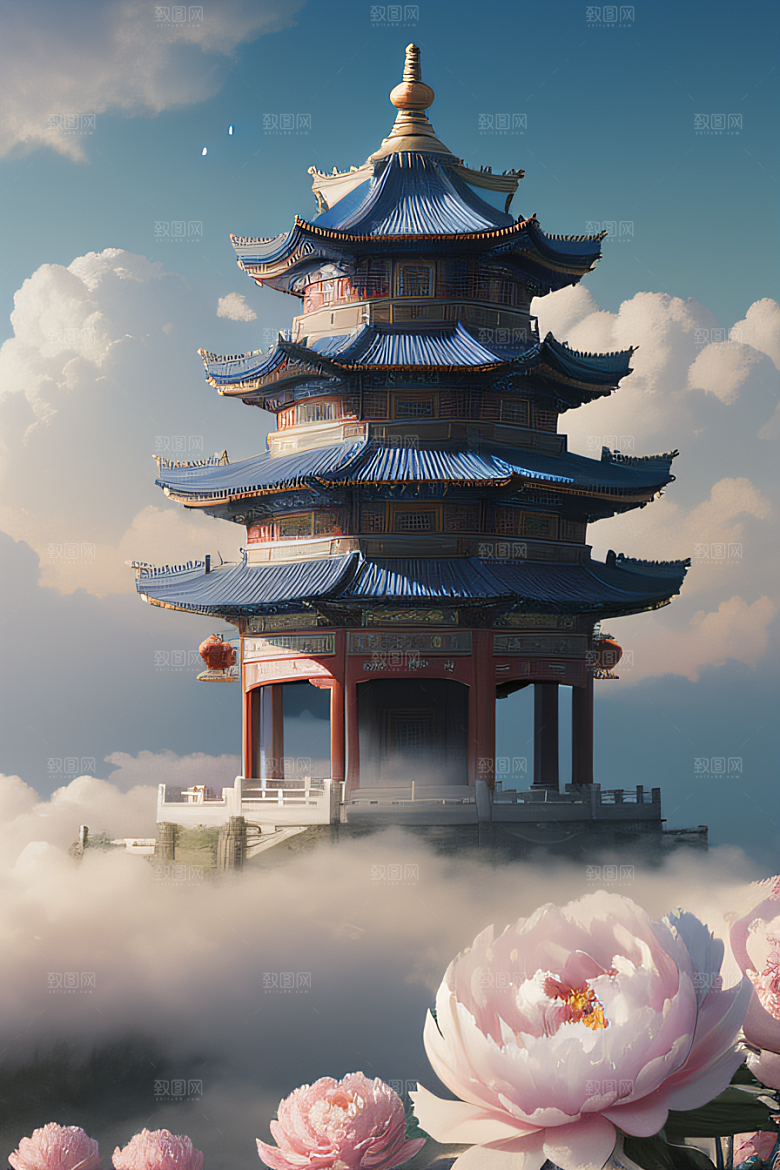 中国古亭下的梦幻云彩蓝白牡丹与圆月