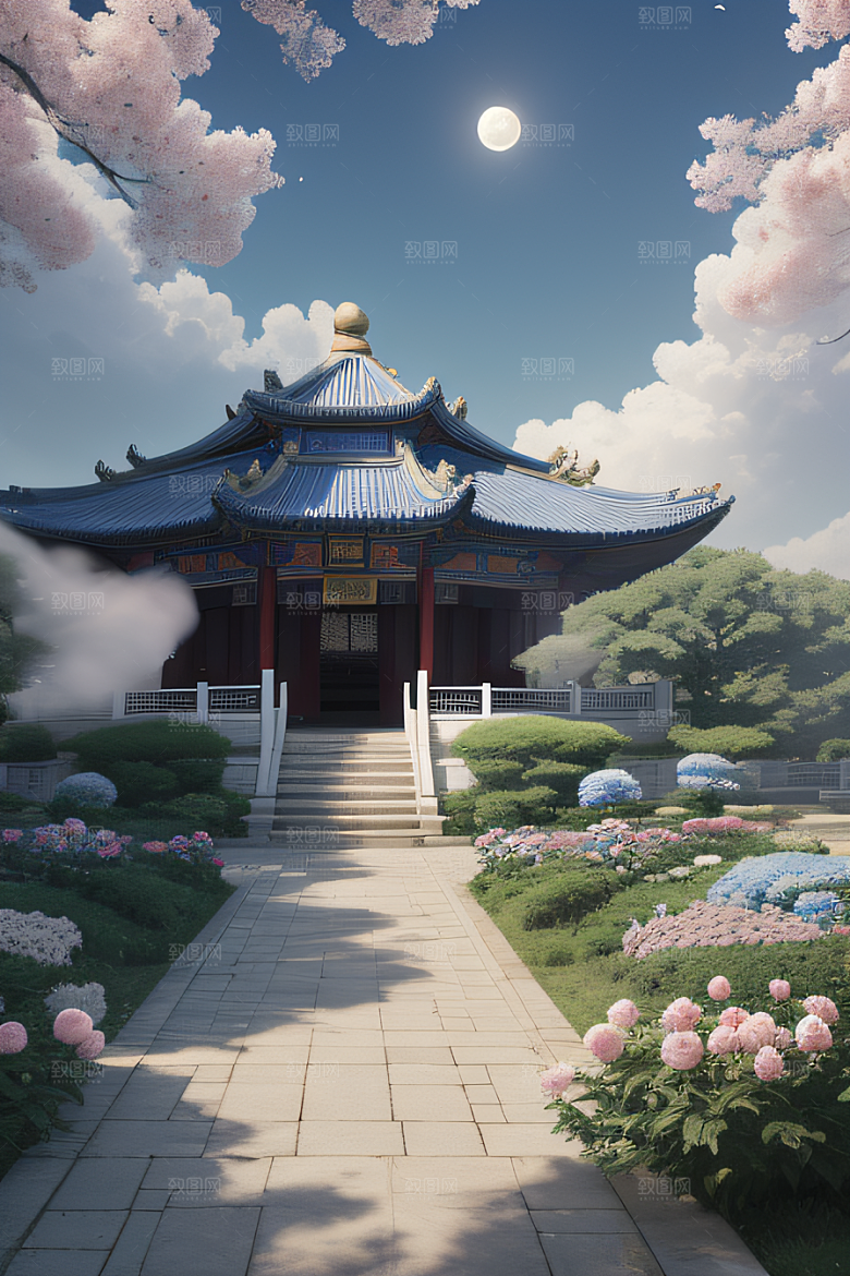 中国古亭下的梦幻云彩蓝白牡丹与圆月