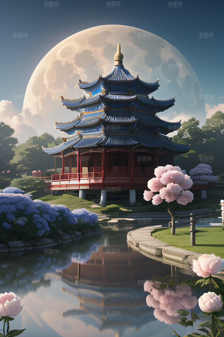 中国古亭下的梦幻云彩蓝白牡丹与圆月
