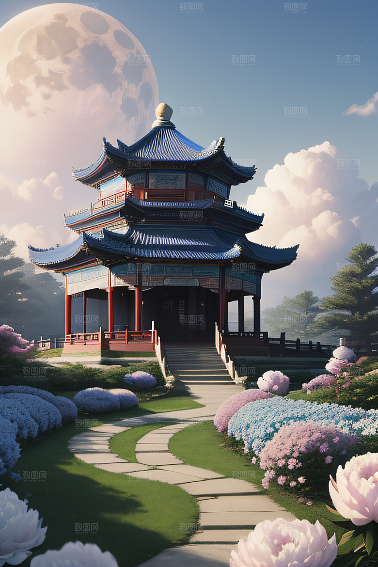 中国古亭下的梦幻云彩蓝白牡丹与圆月