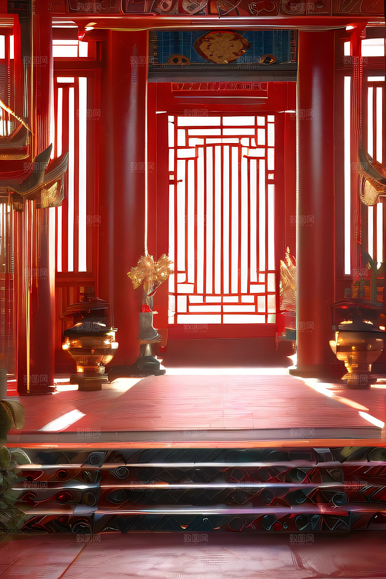 中国红宫仙境宝石点缀的幻想动漫世界