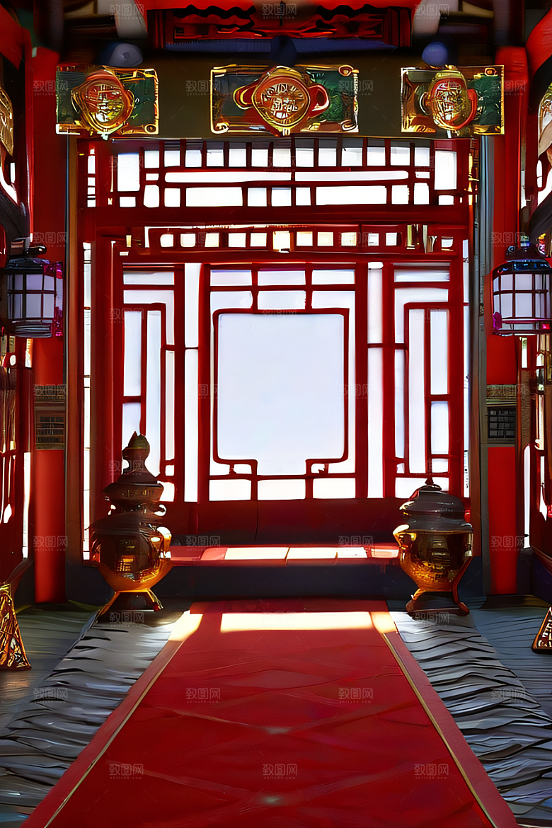中国红宫仙境宝石点缀的幻想动漫世界