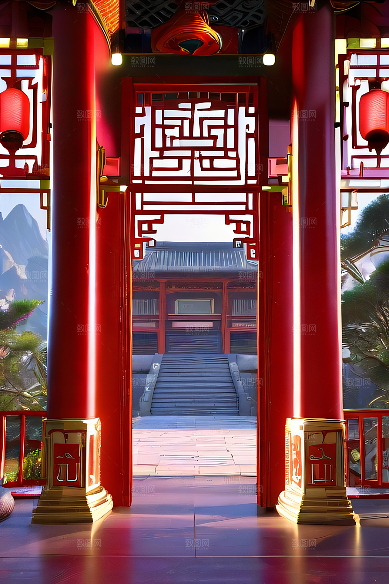 中国红宫仙境宝石点缀的幻想动漫世界