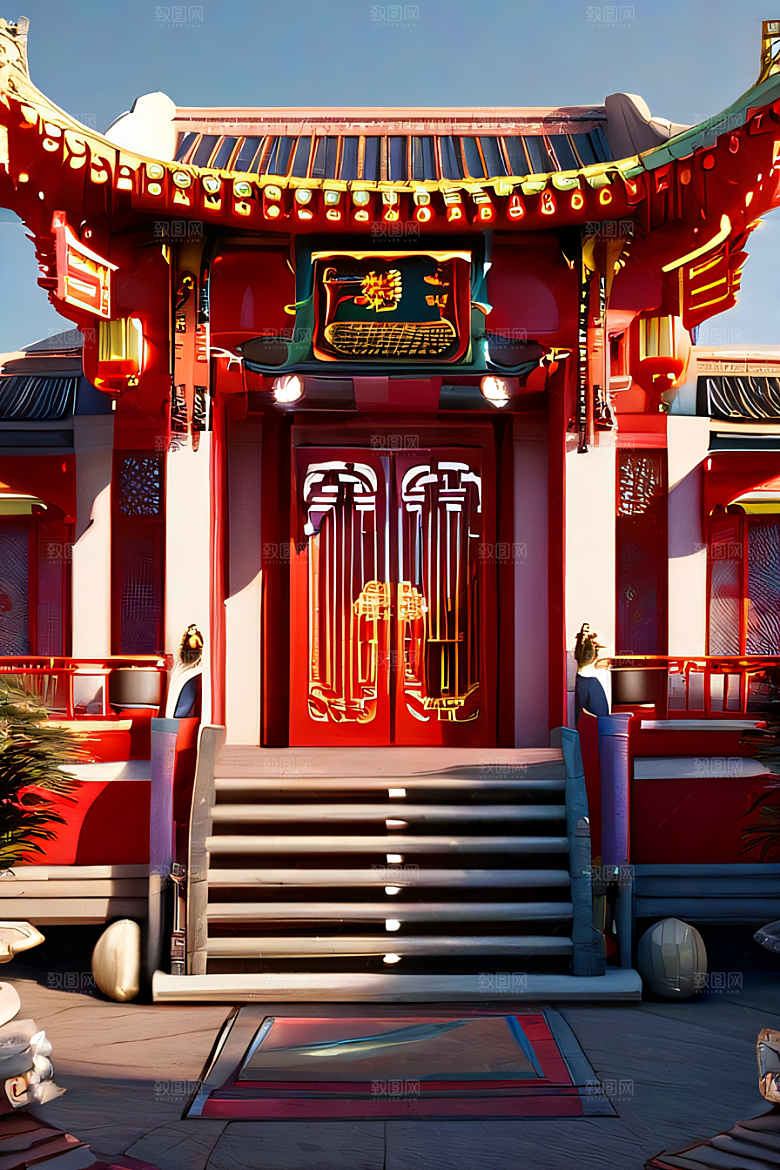 中国红宫仙境宝石点缀的幻想动漫世界