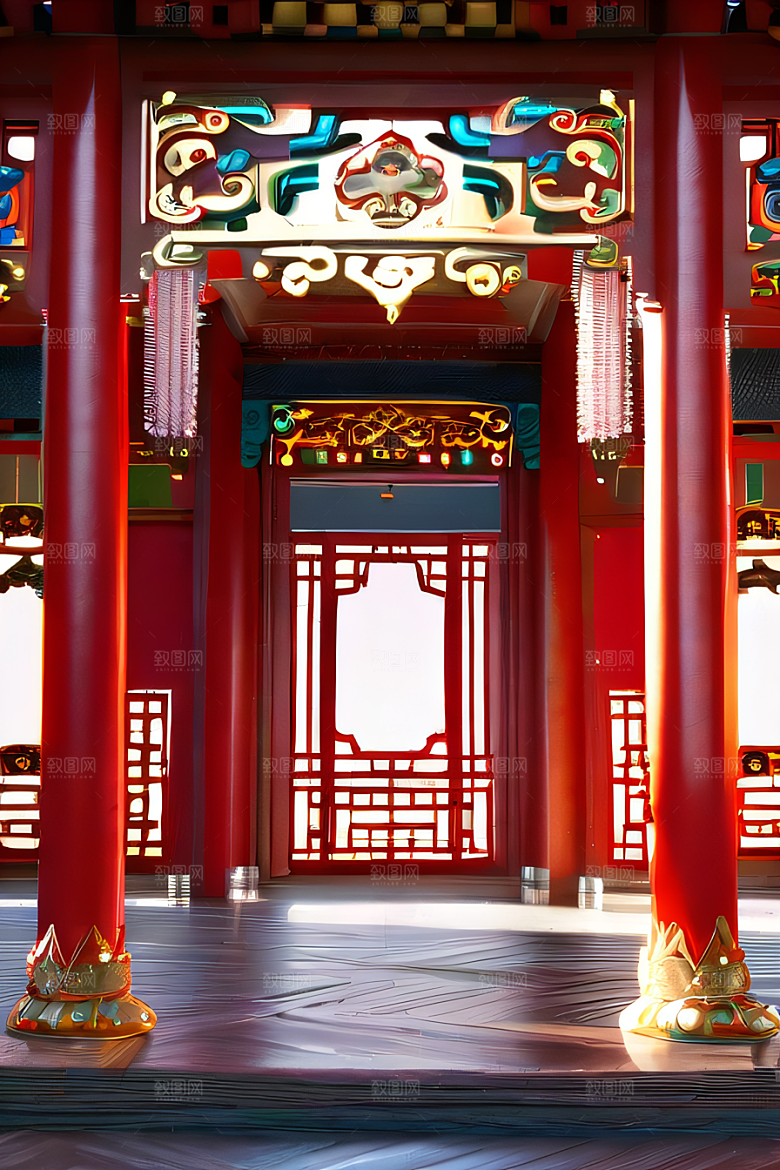 中国红宫仙境宝石点缀的幻想动漫世界