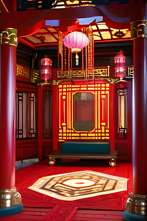 中国红宫仙境宝石点缀的幻想动漫世界