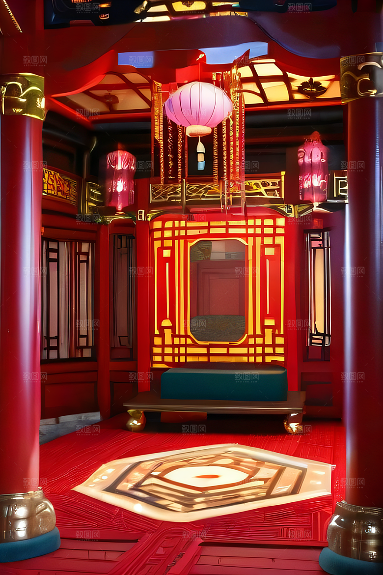 中国红宫仙境宝石点缀的幻想动漫世界