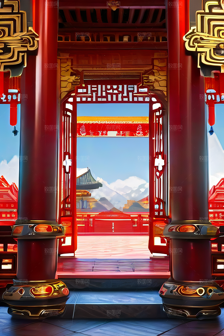 中国红宫仙境宝石点缀的幻想动漫世界